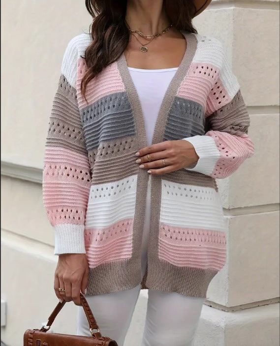 Damen Strickcardigan Groß Lochmuster Farbblock Norvielle