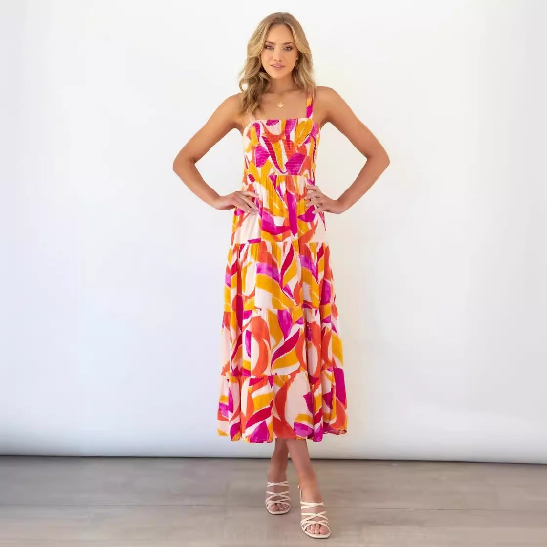 Damen Maxikleid Boho Blumenmuster Elastisch Bunt