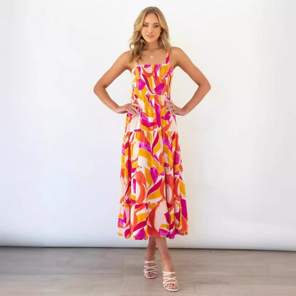 Damen Maxikleid Boho Blumenmuster Elastisch Bunt