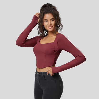 Damen Langarm Crop Rippstoff Quadrat-Ausschnitt