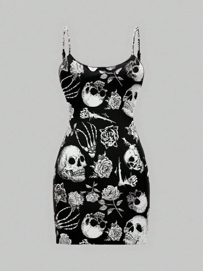 Damen Minikleid Totenkopf Rosenmotiv