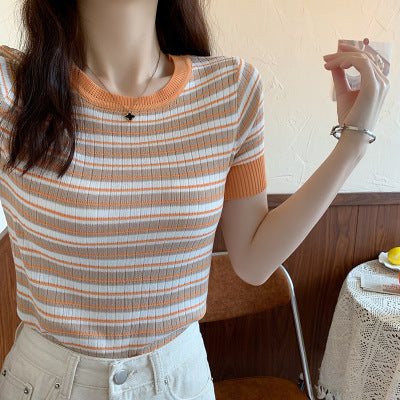 Damen Kurzarm-Shirt Streifenmuster Elastisch Weiß