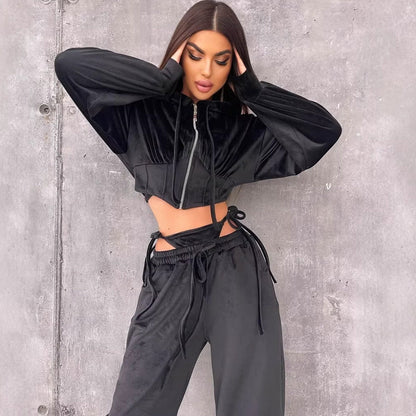 Damen Sportliches Velours-Cropped-Set mit Reißverschluss und