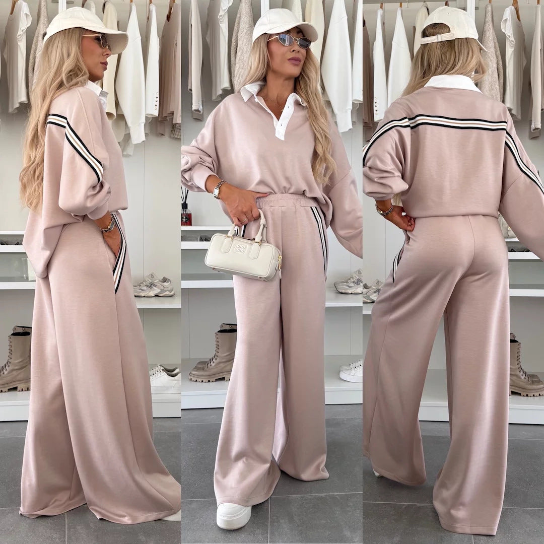 Damen Loungewear-Set mit Kragen und weiten Hosen Norvielle - Norvielle