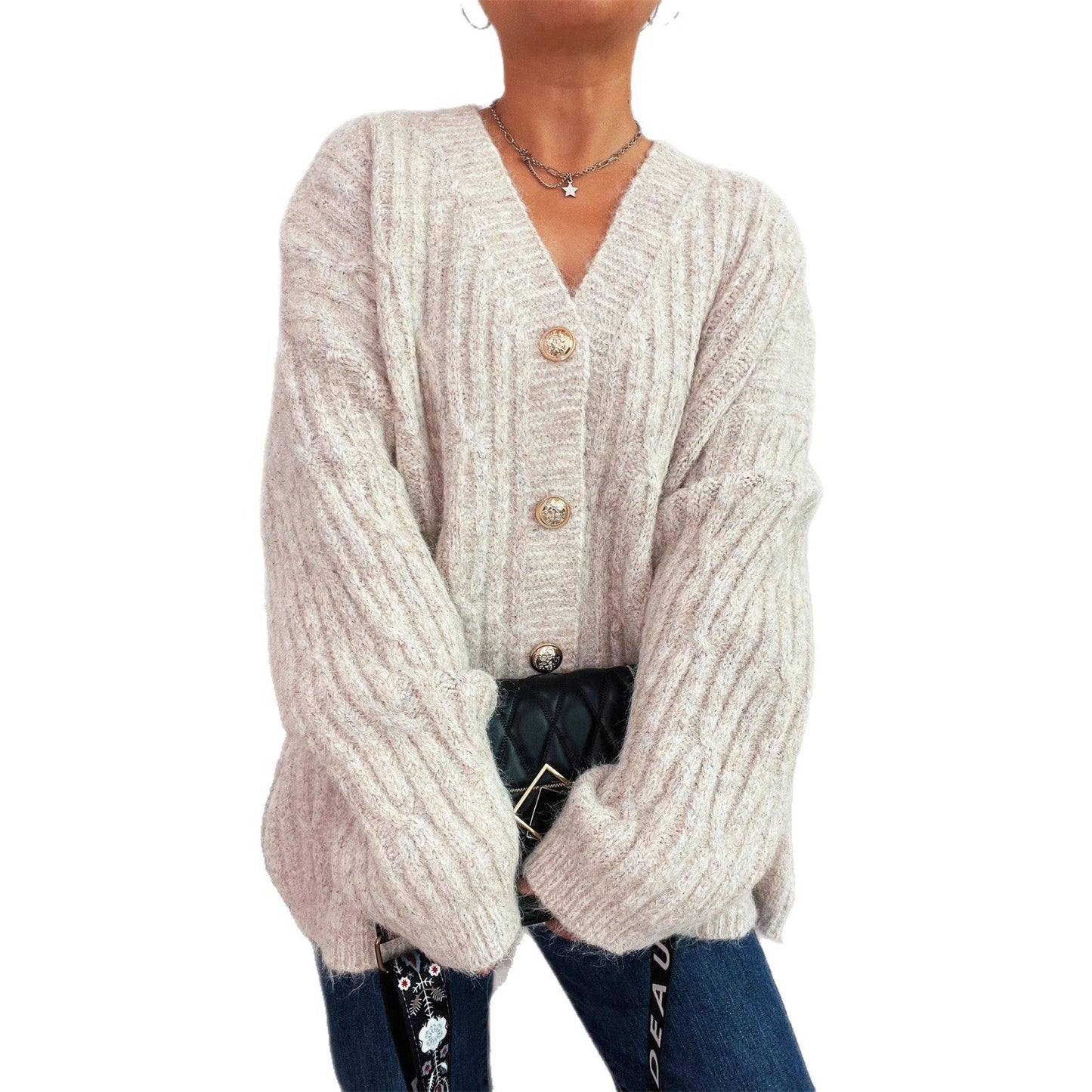 Damen Oversized Strickjacke Weiches Material Beige