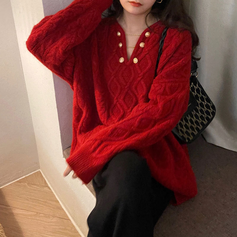 Damen Grobstrickpullover mit Knöpfen und Zopfmuster