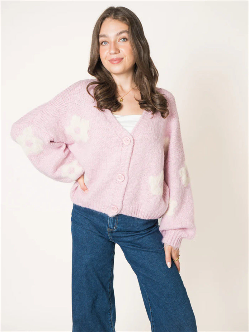 Damen Strickjacke Florales Muster Voluminöse Ärmel