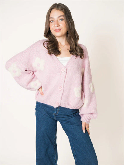 Damen Strickjacke Florales Muster Voluminöse Ärmel