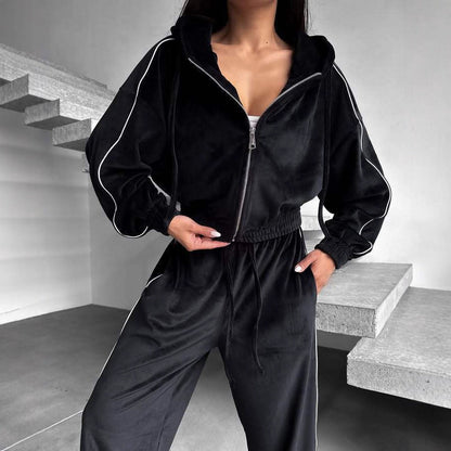 Damen Fleece-Jogginganzug Kapuze Kontrastpaspel