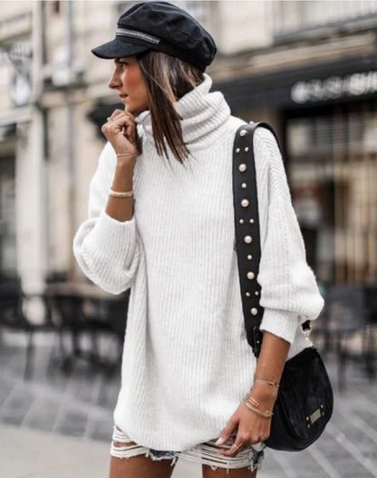 Damen Grobstrickpullover Hochkragen Elegante Knöpfe Norvielle