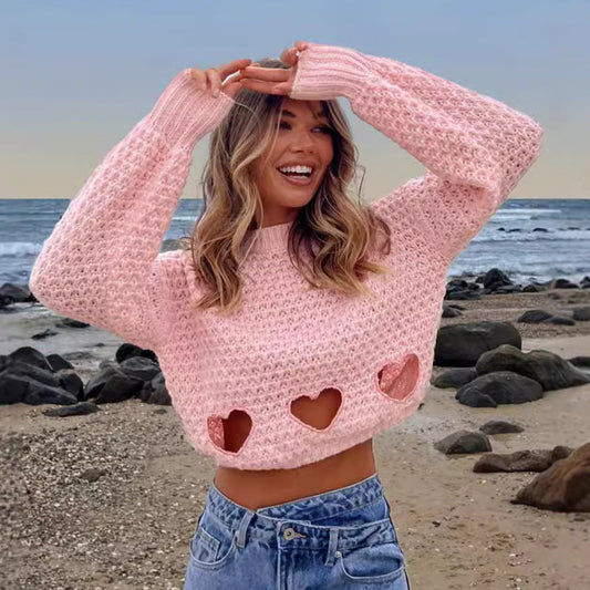 Damen Strickpullover Herz-Ausschnitte Lässig Crop-Design - Norvielle