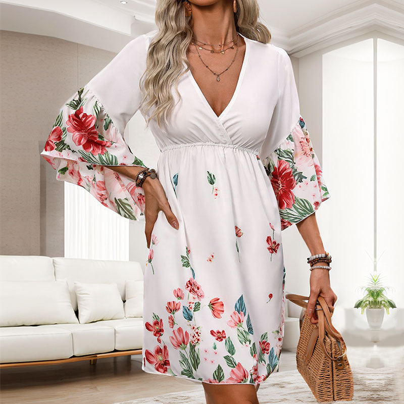 Damen Wickelkleid Luftig Florales Muster Rüschen Elegant - Norvielle