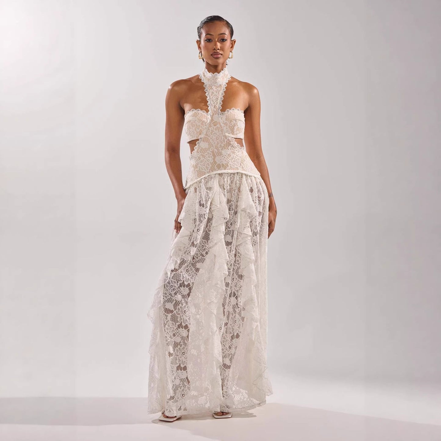 Damen Spitzentraumkleid Hochgeschlossener Kragen Fließender Rock