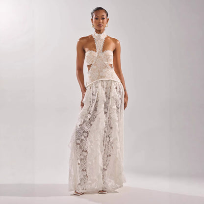 Damen Spitzentraumkleid Hochgeschlossener Kragen Fließender Rock