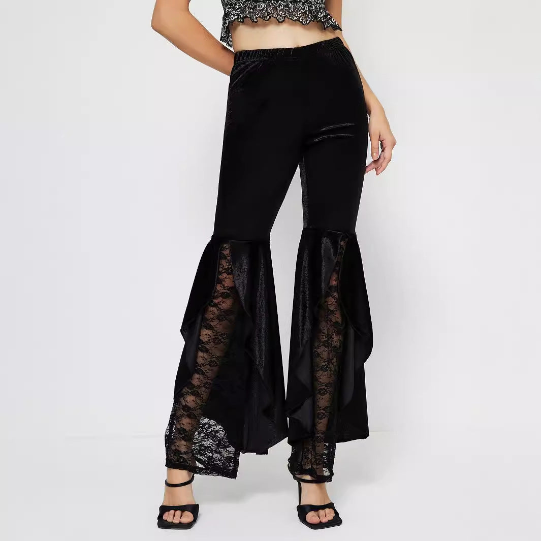 Damen High-Waist Palazzo-Hose Spitze transparent Schwarz - Norvielle