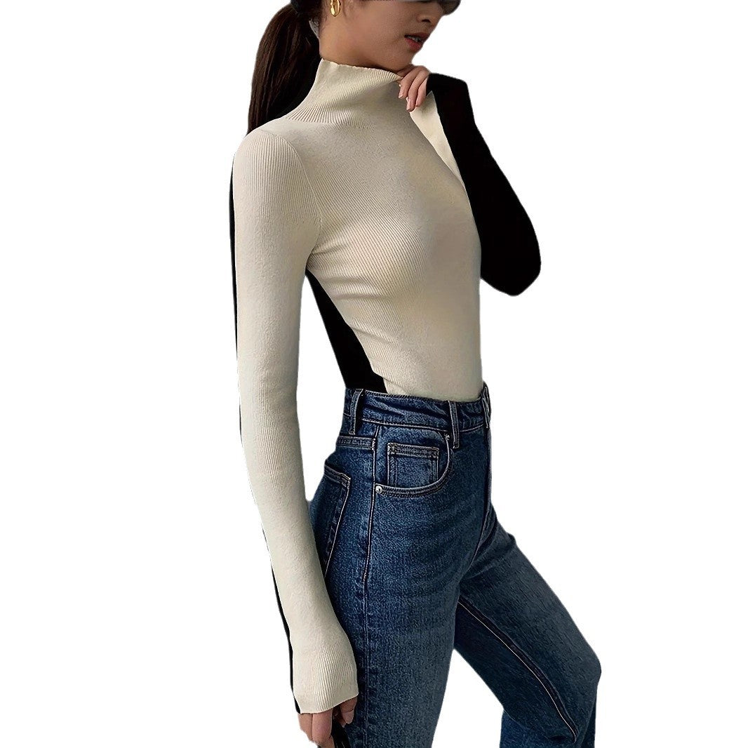 Damen Rollkragenpullover Kontrastärmel Norvielle