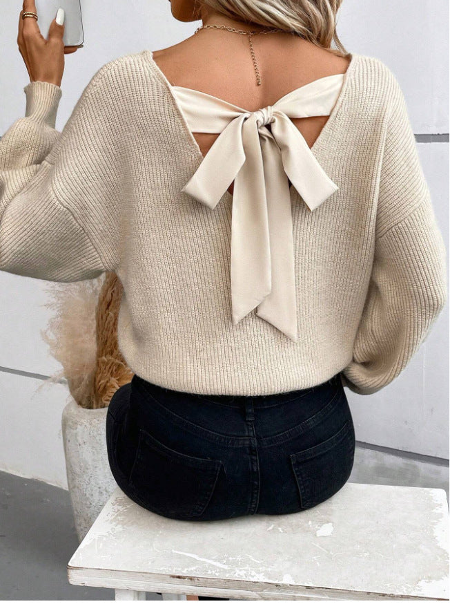 Damen Strickpullover V-Ausschnitt Dekoratives Schleifendetail