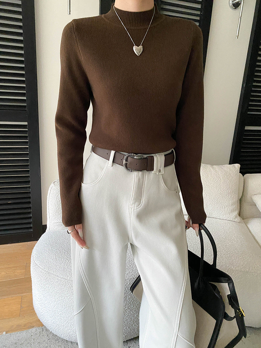 Damen Strickoberteil Figurbetont Hochkragen Rippdetails Elegantes