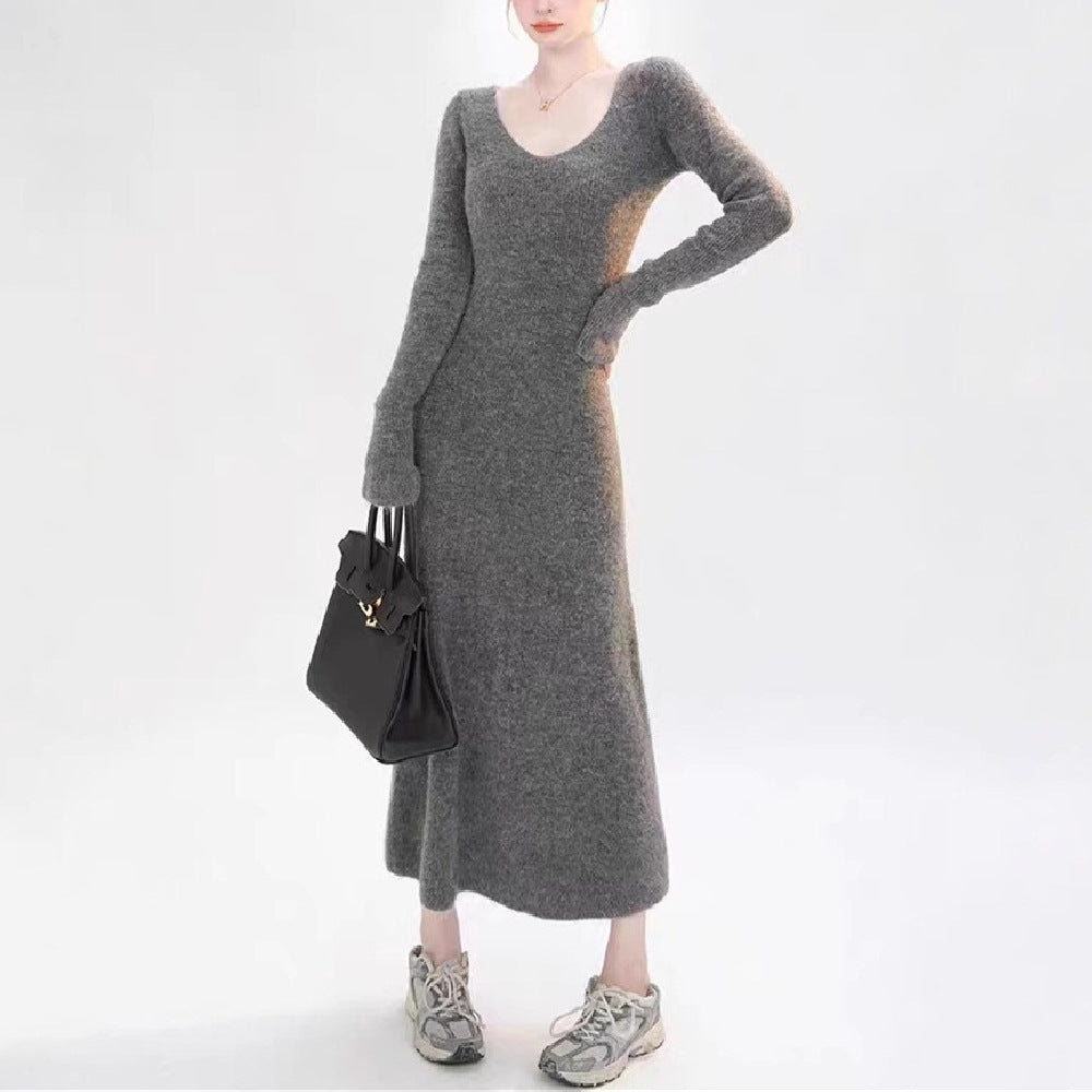 Damen Strickkleid V-Ausschnitt Länge Lang Ärmel Norvielle