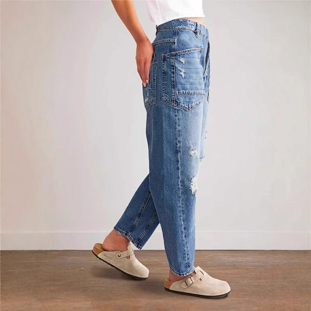 Damen Baggy Jeans Destroyed Vintage Look Cargo Taschen