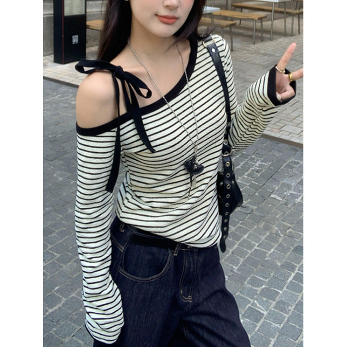 Damen Langarmshirt Schulterfrei Gestreift mit Schleifen Dekor Weiß