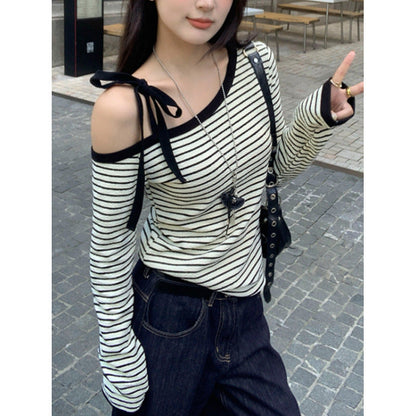 Damen Langarmshirt Schulterfrei Gestreift mit Schleifen Dekor Weiß
