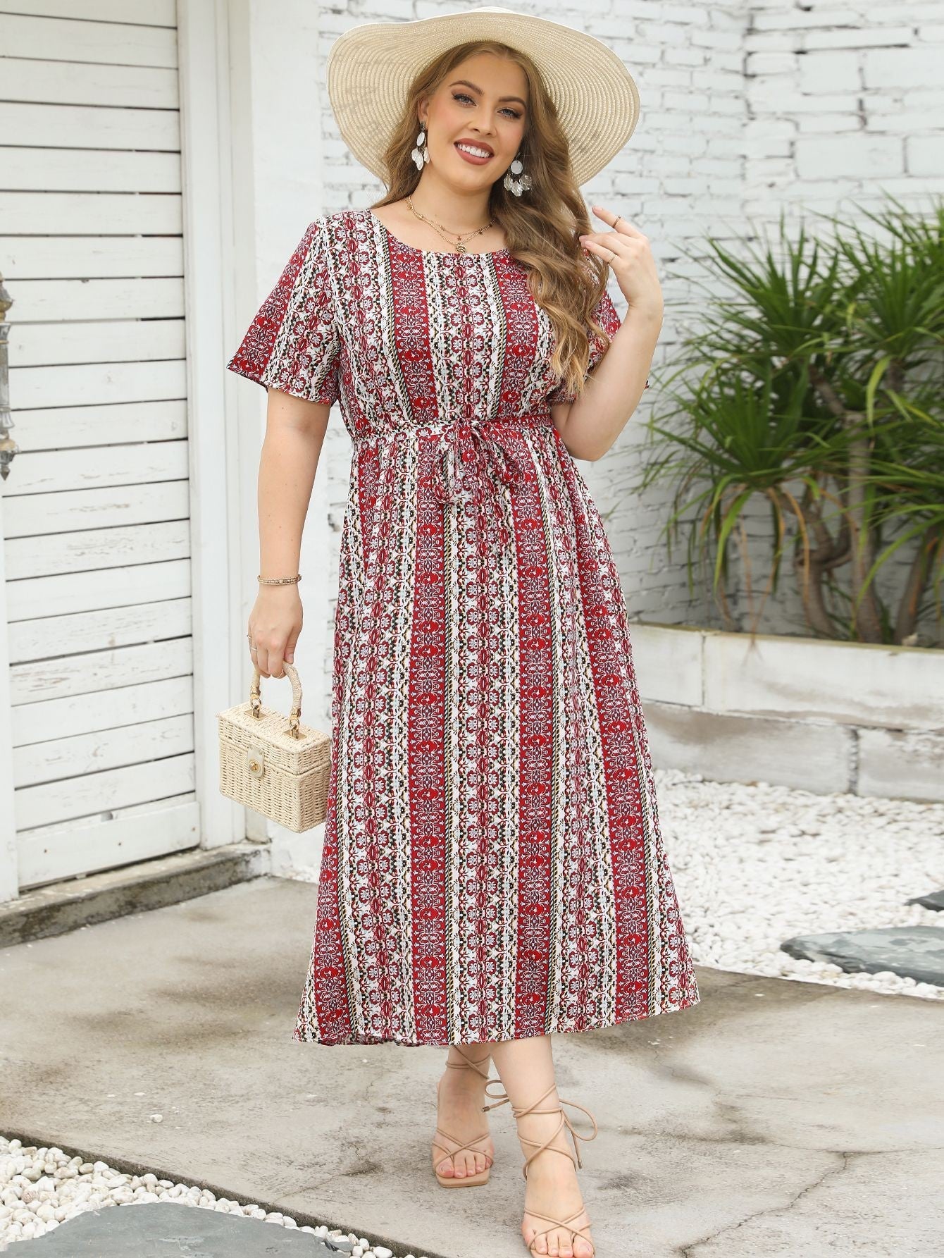 Damen Maxikleid mit Musterung und Dekorband