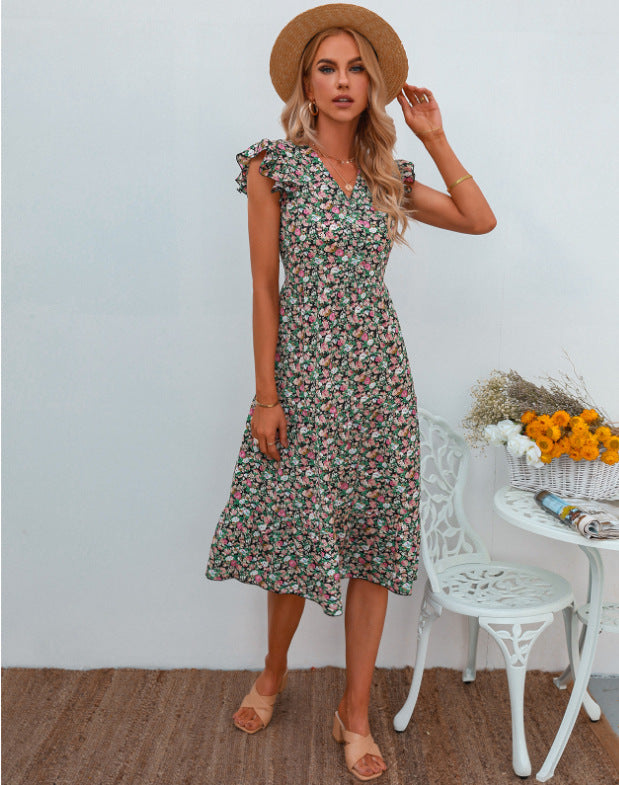 Damen A-Linien Kleid mit Rüschenärmeln und Blumenmuster