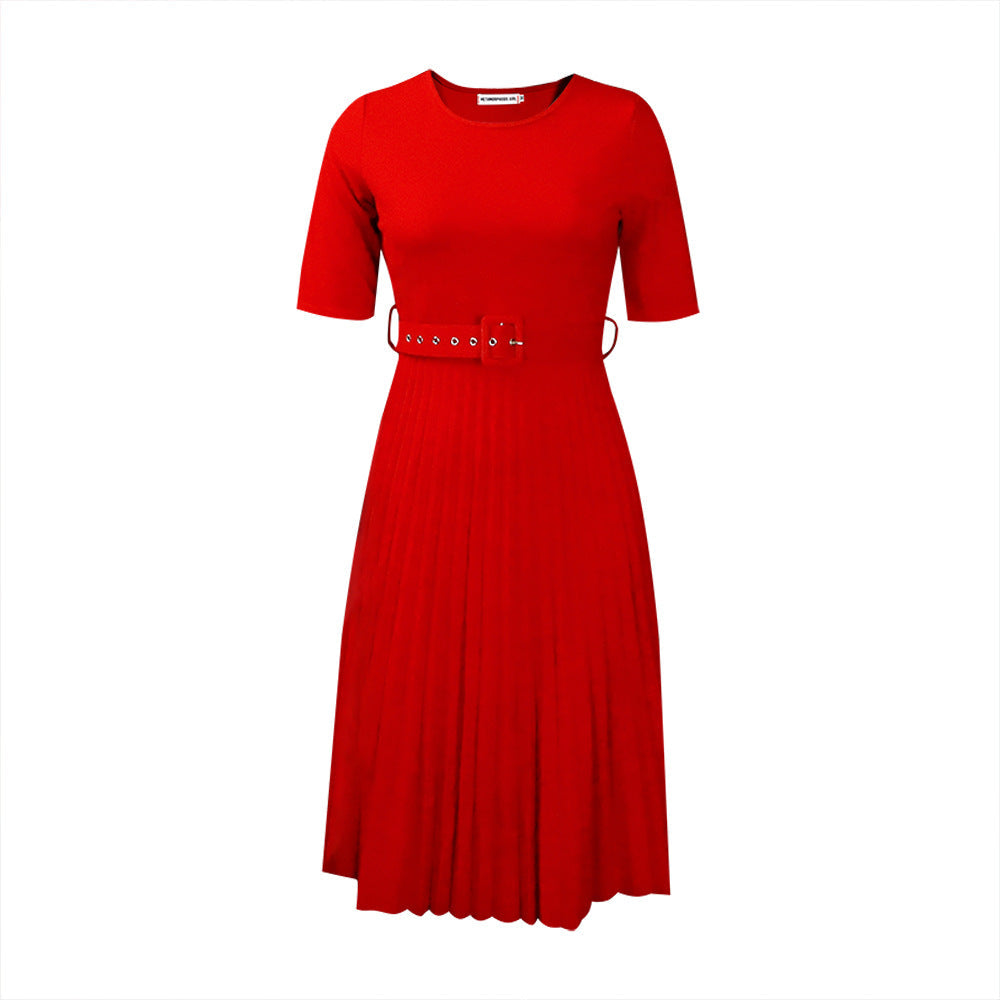 Damen Plissiertes Kleid mit Taillengürtel und kurzen Ärmeln