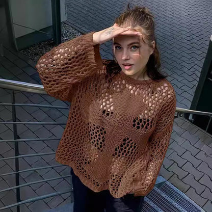 Damen Strickpullover Luftiges Netzdesign Beige