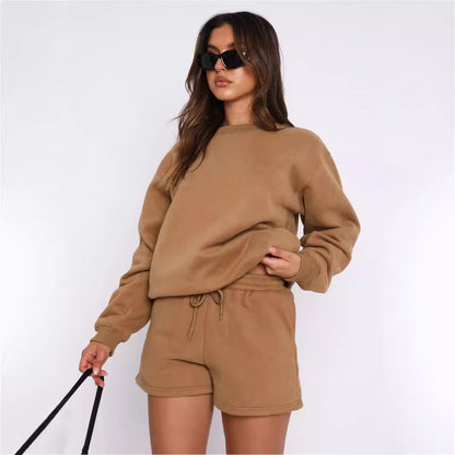 Damen Sweatset Kurzarmoberteil und Shorts Baumwolle Beige