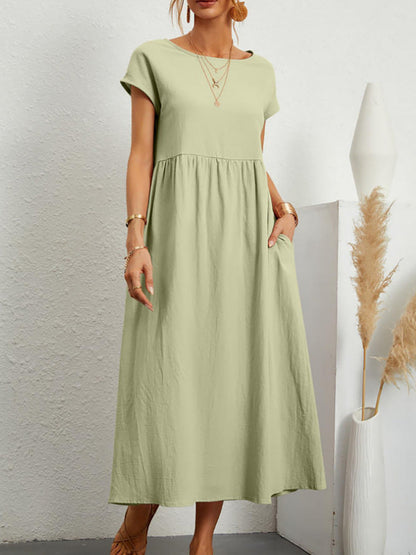 Damen Midi-Kleid Ballonärmel Praktische Taschen Norvielle