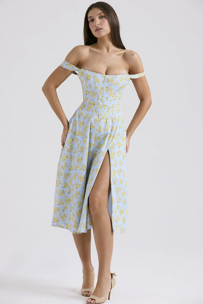Damen Sommerkleid mit Blumenmuster und hoher Beinschlitze Norvielle