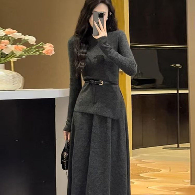 Damen Strickkleid Asymmetrischer Saum Mit Gürtel Norvielle