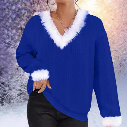 Damen Strickpullover V-Ausschnitt Kontrastpelzbesatz Norvielle