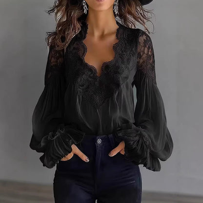 Damen Spitzenbluse Voluminöse Ärmel Florale Muster Weiß