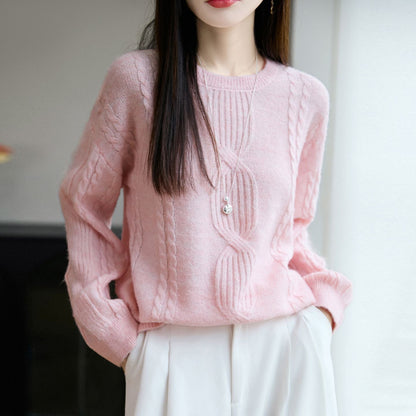 Damen Strickpullover Rundhals Zopfmuster Norvielle