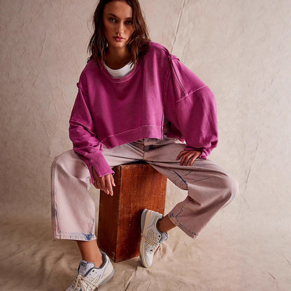 Damen Cropped Sweatpullover Weite Ärmel Norvielle