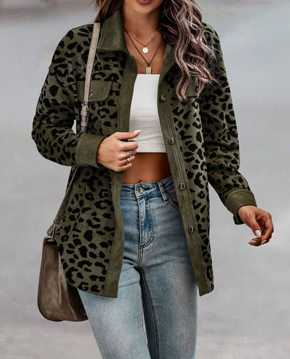 Damen Kordjacke Leo-Print mit Brusttaschen Norvielle