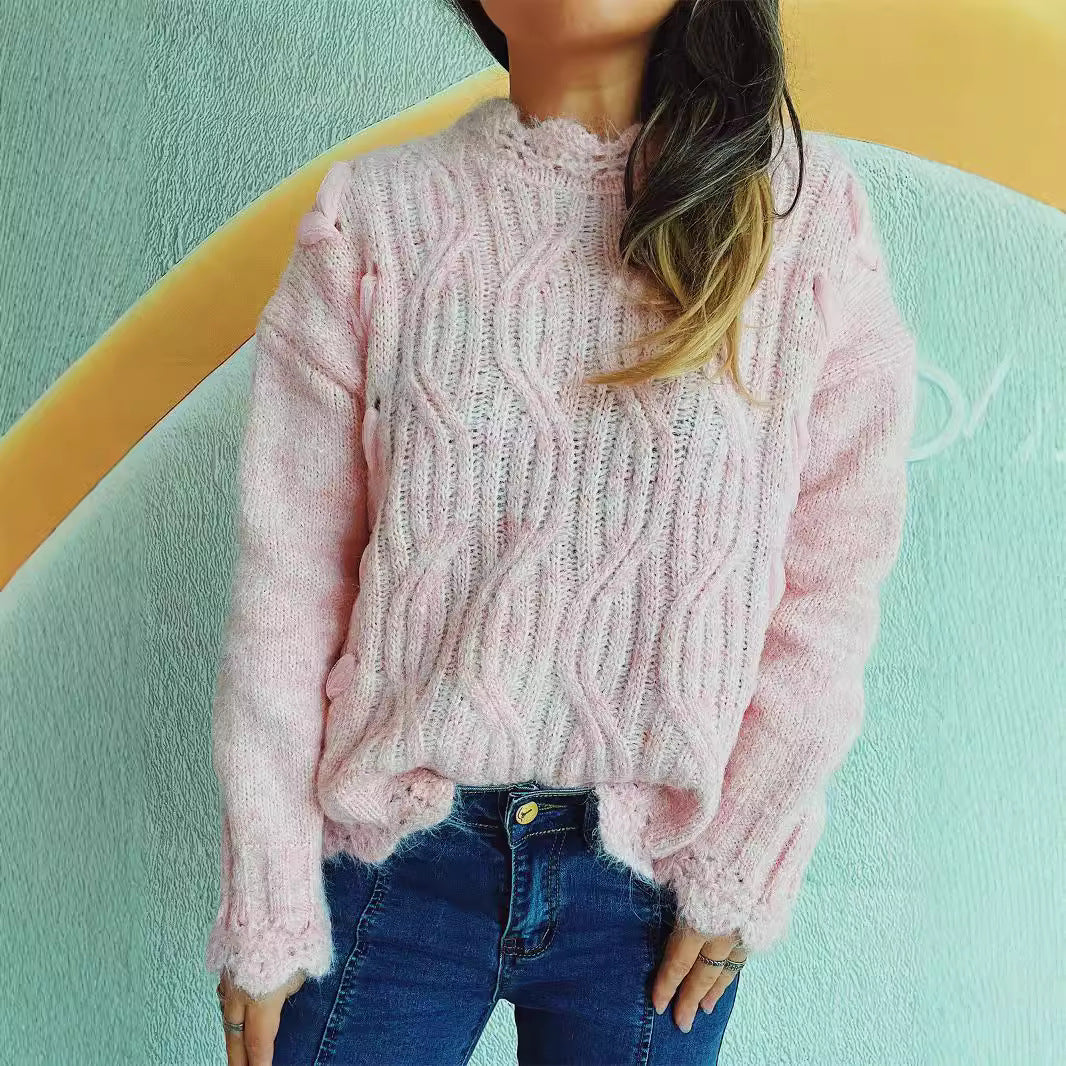 Damen Grobstrickpullover Zopfmuster Schneeflocken Applikationen - Norvielle