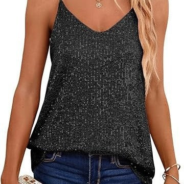 Damen Spaghetti-Trägertop V-Ausschnitt Glitzerdetails