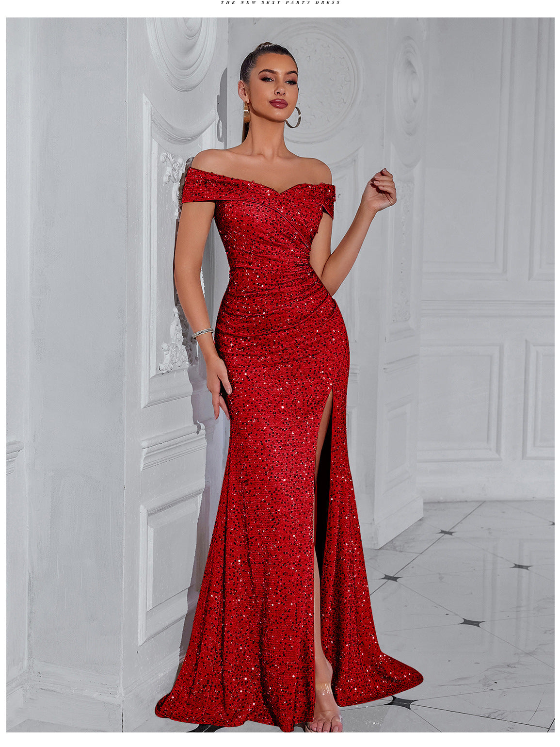 Damen Abendkleid Schulterfrei Pailletten Norvielle