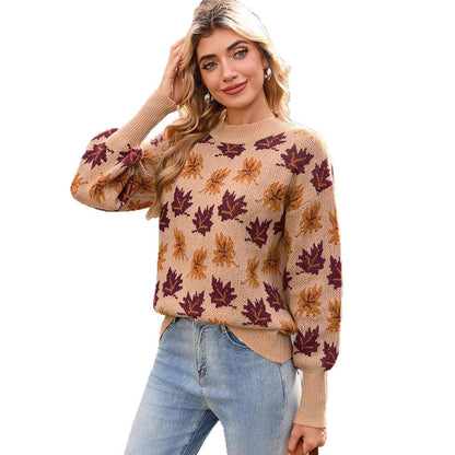 Damen Strickpullover Herbstblätter Design Norvielle