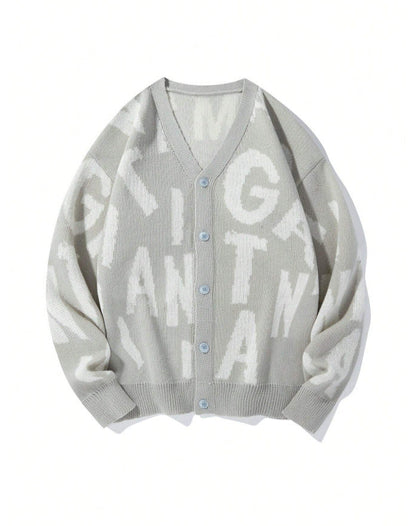 Damen Strickjacke V-Ausschnitt mit Schriftmuster