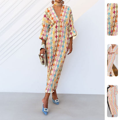 Damen Maxikleid Geometrische Muster Voluminöse Ärmel Norvielle - Norvielle