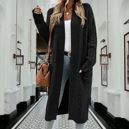 Damen Grobstrick Cardigan Offenes Design Mit Taschen Beige