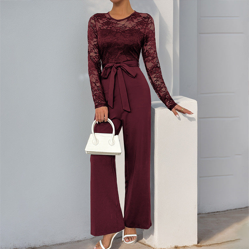 Damen Jumpsuit Spitzenoberteil Taillengürtel Norvielle