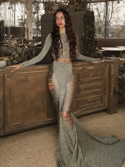 Damen Abendkleid Langärmlig Cut-Out schwingender Saum Norvielle