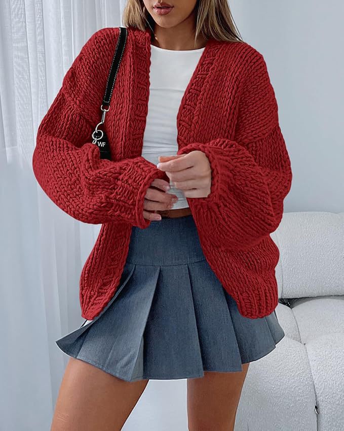 Damen Strick-Cardigan Weich Voluminöse Ärmel Offene Front Beige