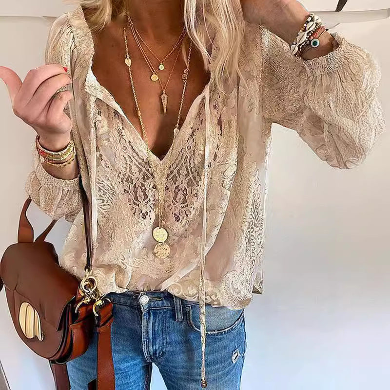Damen Bluse Spitzenshirt Weiß - Norvielle